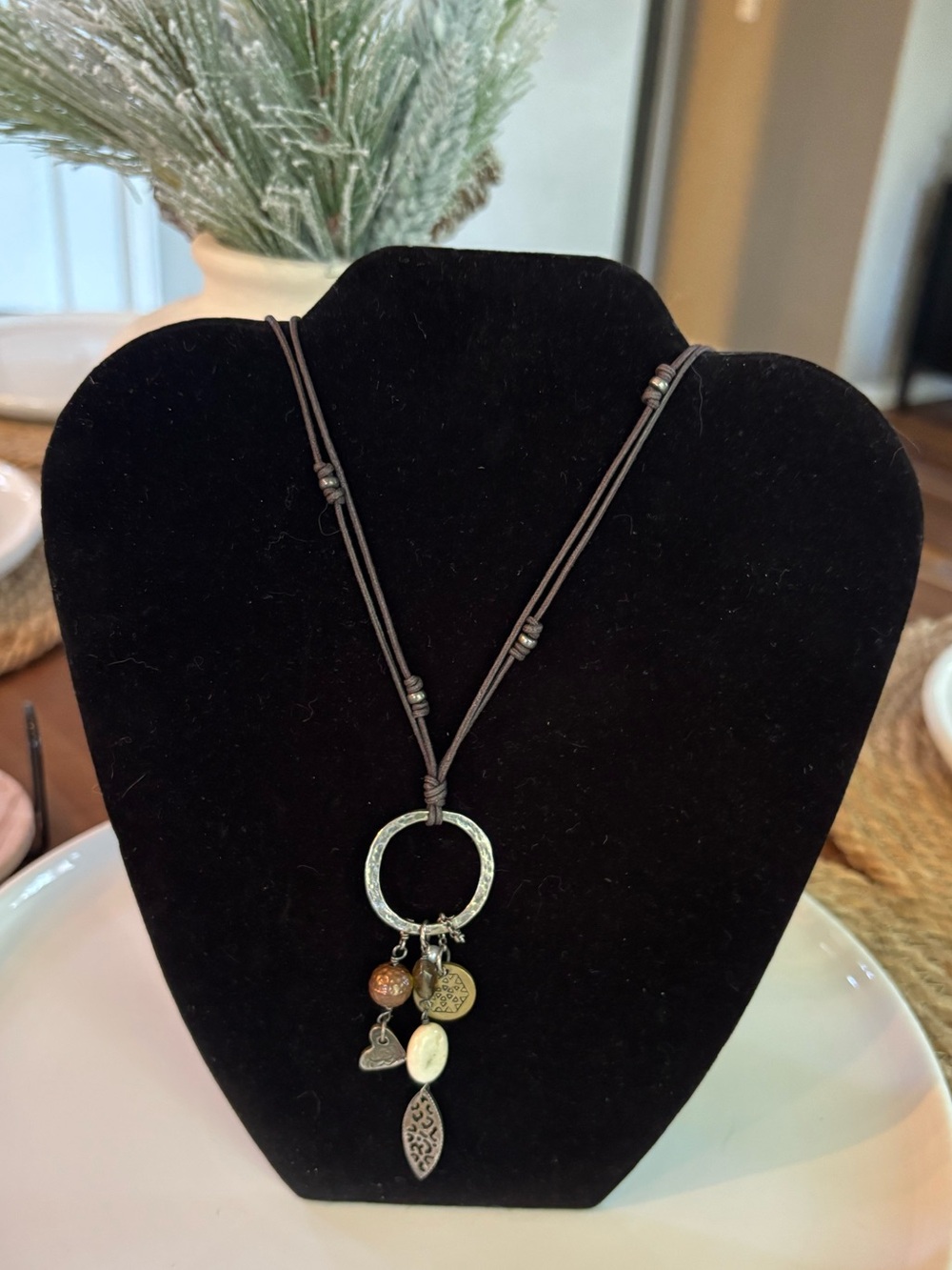 Silpada N1568 Sterling Silver Leather Cord Multi Charm Pendant Necklace 22"